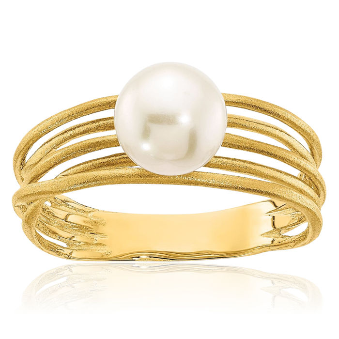 14K Solid Yellow Gold 7mm Round White Freshwater Cultured Pearl Statement Ring