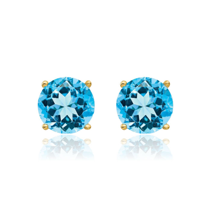 14K Solid Yellow Gold 7mm Swiss Blue Topaz Studs Gemstone Solitaire Earrings December Birthstone Jewelry