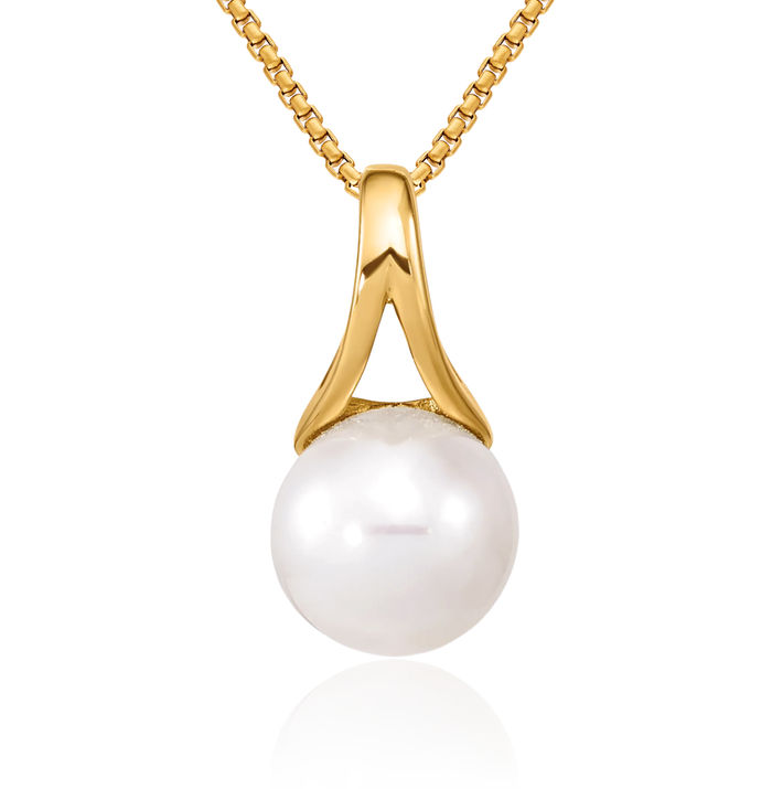 14K Solid Yellow Gold 7mm White Freshwater Cultured Pearl Necklace Chain Pendant Charm