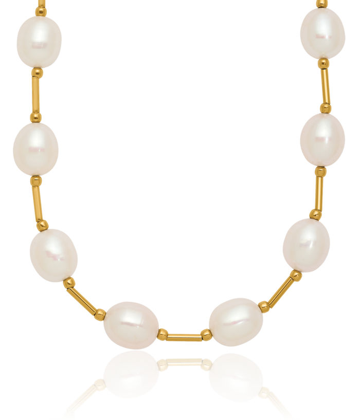 14K Solid Yellow Gold 7mm White Rice Freshwater Cultured Pearl Beaded Necklace Chain