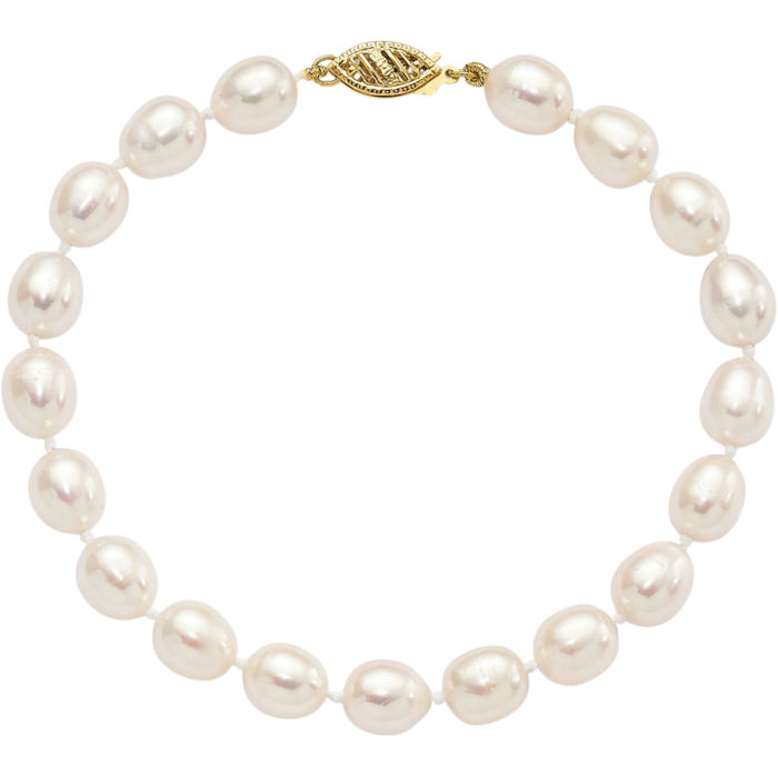 14K Solid Yellow Gold 7mm White Rice Freshwater Cultured Pearl Chain Bracelet