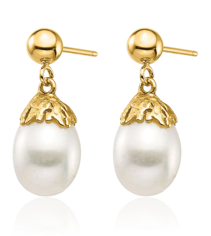 14K Solid Yellow Gold 7mm White Rice Freshwater Cultured Pearl Post Drop Dangle Earrings