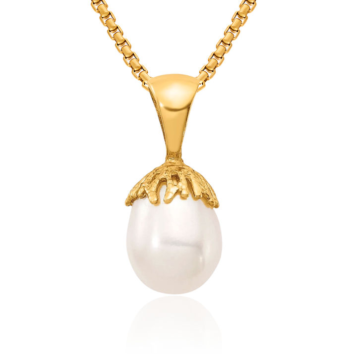 14K Solid Yellow Gold 7mm White Rice Freshwater Cultured Pearl Necklace Chain Pendant Charm