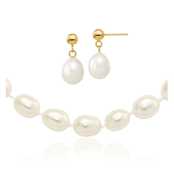 14K Solid Yellow Gold 7mm White Rice Freshwater Cultured Pearl Necklace Chain Drop Dangle Earrings Set