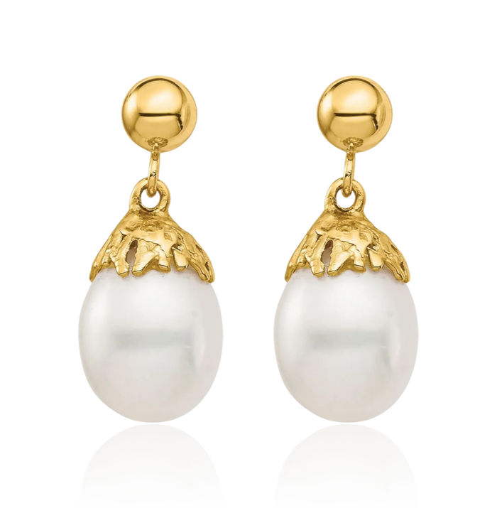 14K Solid Yellow Gold 7mm White Rice Freshwater Cultured Pearl Post Drop Dangle Earrings