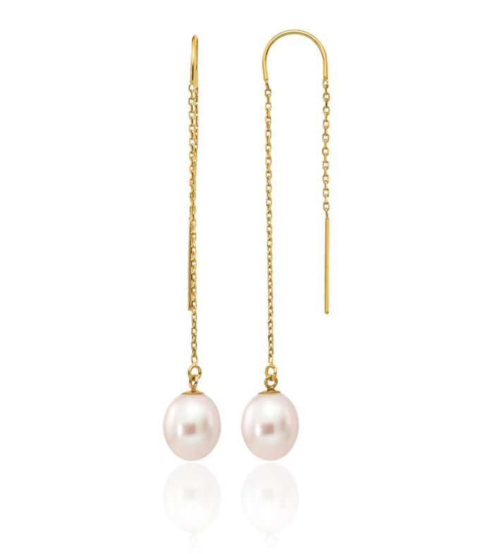 14K Solid Yellow Gold 7mm White Rice Freshwater Cultured Pearl Threader Drop Dangle Earrings