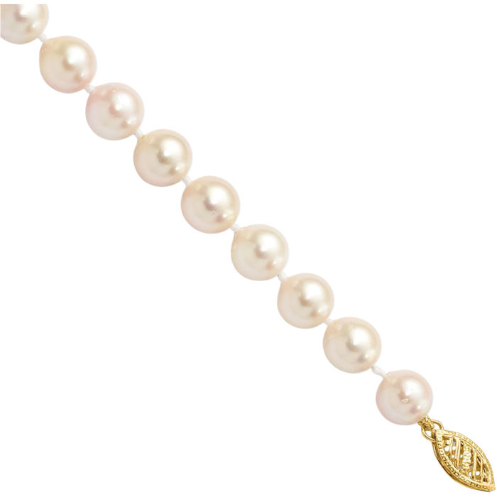 14K Solid Yellow Gold 7mm White Round Akoya Saltwater Cultured Pearl Chain Bracelet