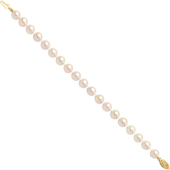 14K Solid Yellow Gold 7mm White Round Akoya Saltwater Cultured Pearl Chain Bracelet