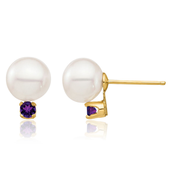 14K Solid Yellow Gold 7mm White Round Freshwater Cultured Pearl .14am Purple Amethyst Stud Earrings February Birthstone Jewelry
