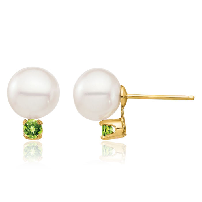 14K Solid Yellow Gold 7mm White Round Freshwater Cultured Pearl .14pe Green Peridot Stud Earrings August Birthstone Jewelry