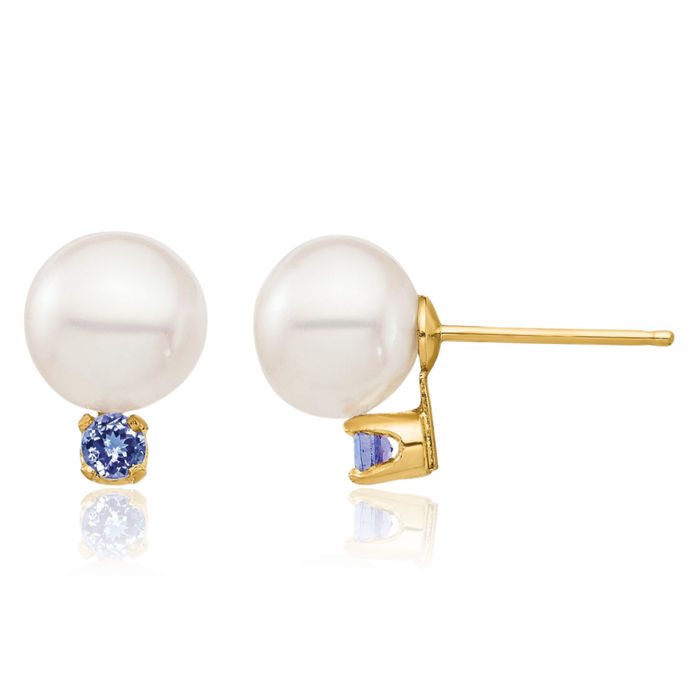 14K Solid Yellow Gold 7mm White Round Freshwater Cultured Pearl .14tz Blue Tanzanite Stud Earrings December Birthstone Jewelry