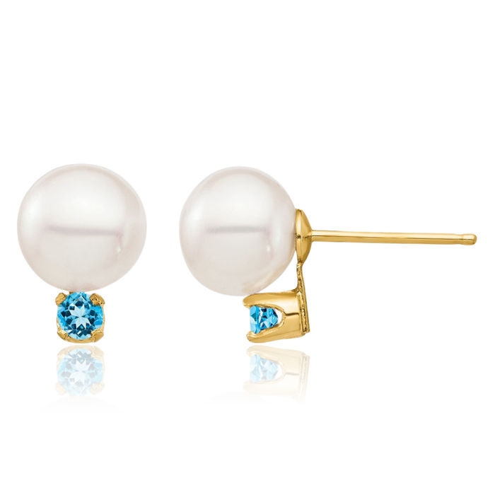 14K Solid Yellow Gold 7mm White Round Freshwater Cultured Pearl .18bt Swiss Blue Topaz Stud Earrings December Birthstone Jewelry