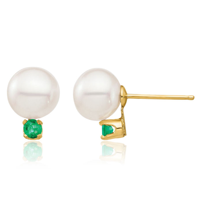 14K Solid Yellow Gold 7mm White Round Freshwater Cultured Pearl .18em Green Emerald Stud Earrings May Birthstone Jewelry