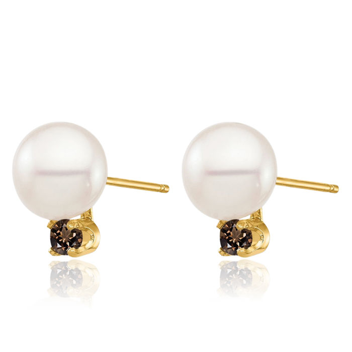 14K Solid Yellow Gold 7mm White Round Freshwater Cultured Pearl .18sq Brown Smoky Quartz Stud Earrings June Birthstone Jewelry