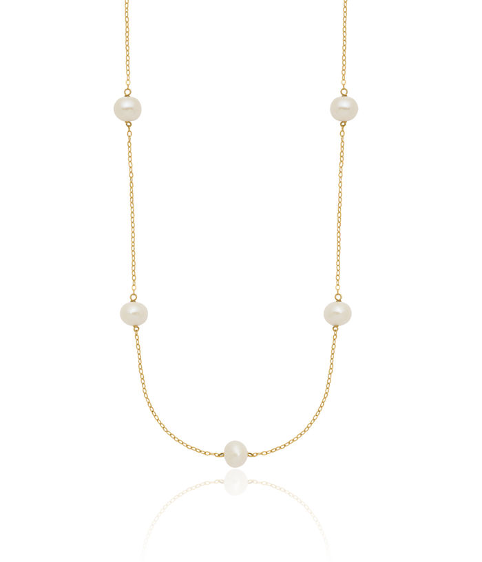 14K Solid Yellow Gold 7mm White Near Round Freshwater Cultured Pearl 7 Station Necklace Chain