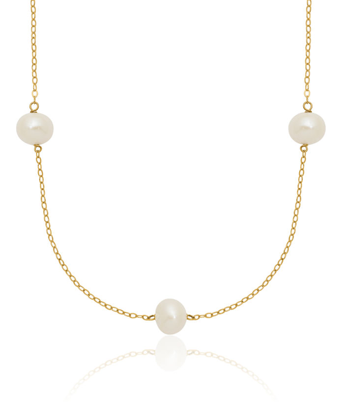 14K Solid Yellow Gold 7mm White Near Round Freshwater Cultured Pearl 7 Station Necklace Chain