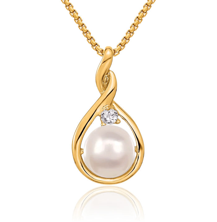 14K Solid Yellow Gold 7mm White Round Freshwater Cultured Pearl Diamond Necklace Chain Pendant Charm