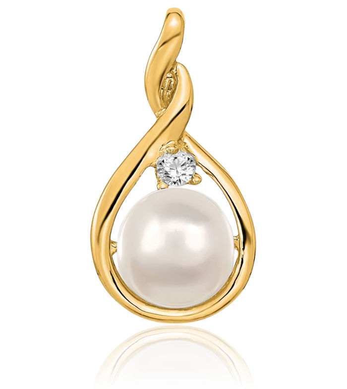 14K Solid Yellow Gold 7mm White Round Freshwater Cultured Pearl Diamond Necklace Chain Pendant Charm