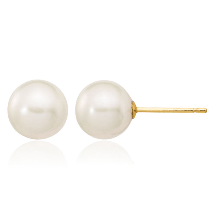 14K Solid Yellow Gold 7mm White Round Freshwater Cultured Pearl Stud Earrings