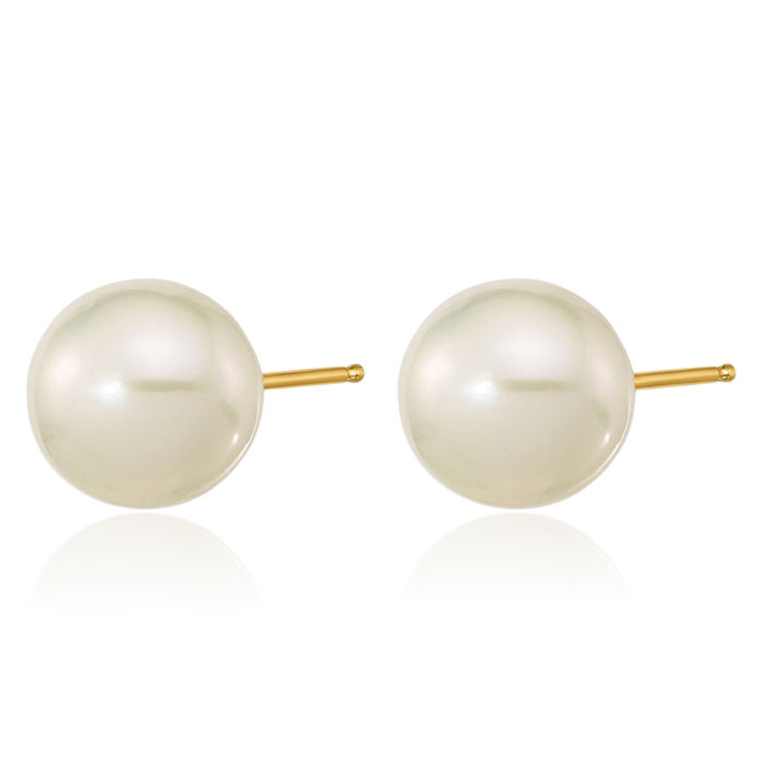 14K Solid Yellow Gold 7mm White Round Freshwater Cultured Pearl Stud Earrings Silicone Backs