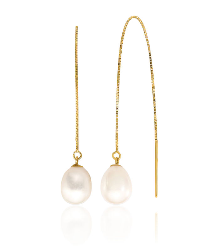 14K Solid Yellow Gold 7mm White Teardrop Freshwater Cultured Pearl Box Chain Link Threader Drop Dangle Earrings