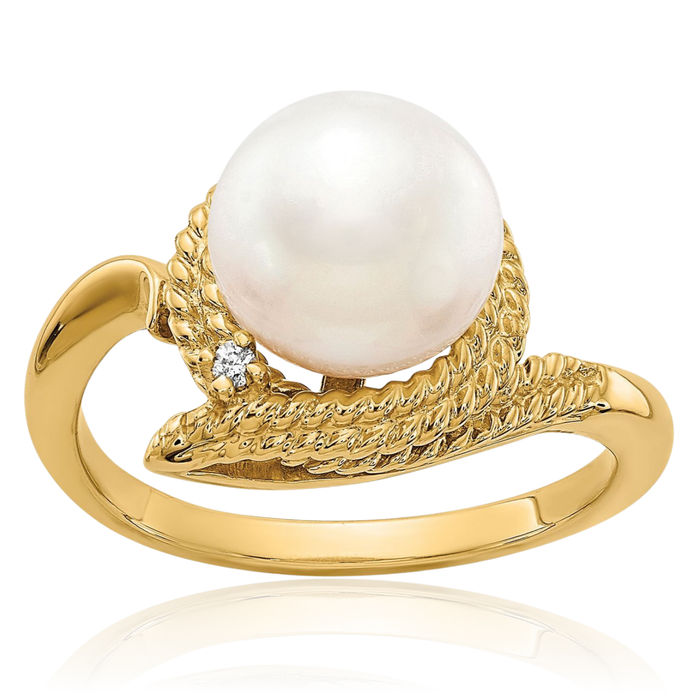 14K Solid Yellow Gold 8.5mm Freshwater Cultured Pearl Diamond Ring