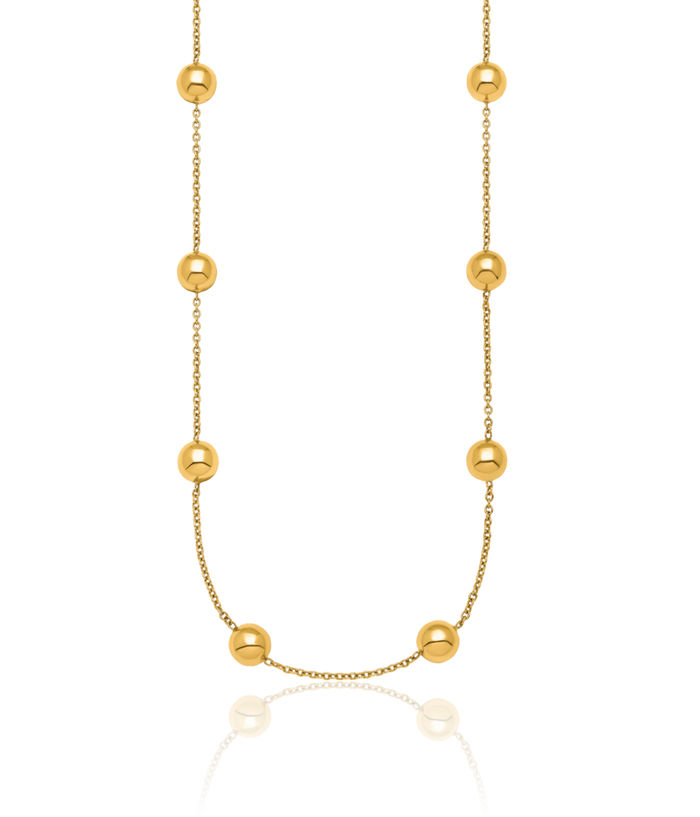 14K Solid Yellow Gold 8mm Bead Station Cable Link Geometric Necklace Chain