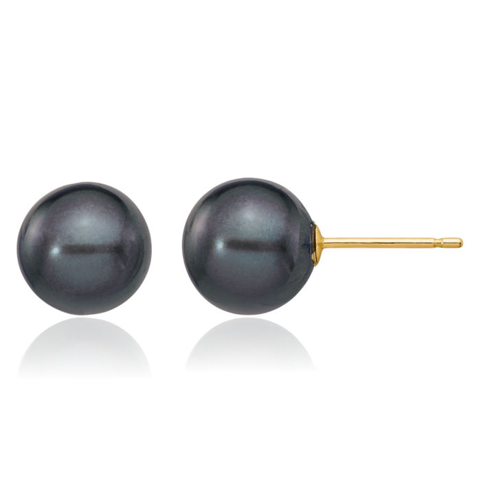 14K Solid Yellow Gold 8mm Black Round Freshwater Cultured Pearl Stud Earrings