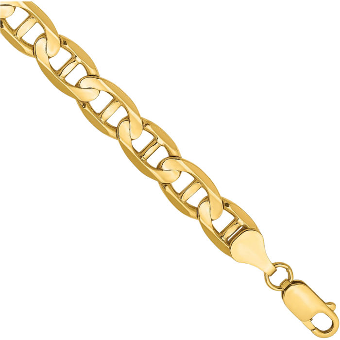 14K Solid Yellow Gold 8mm Concave Anchor Mariner Link Chain Bracelet