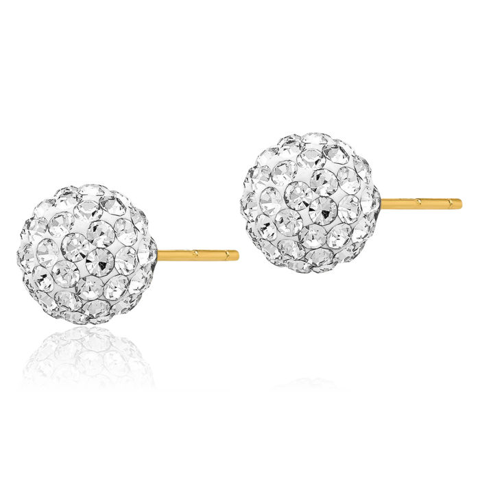 14K Solid Yellow Gold Post 8mm Rhinestone Crystals Ball Stud Earrings