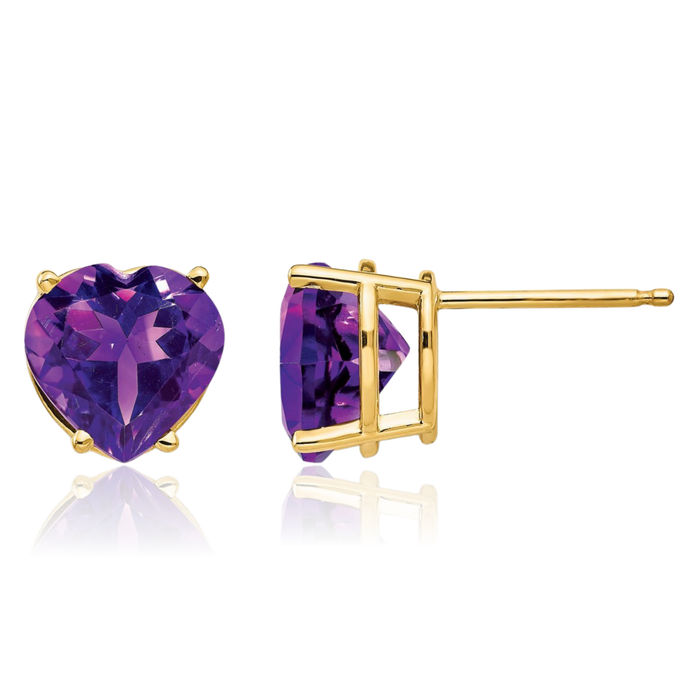 14K Solid Yellow Gold 8mm Heart Purple Amethyst Studs Gemstone Earrings February Birthstone Jewelry