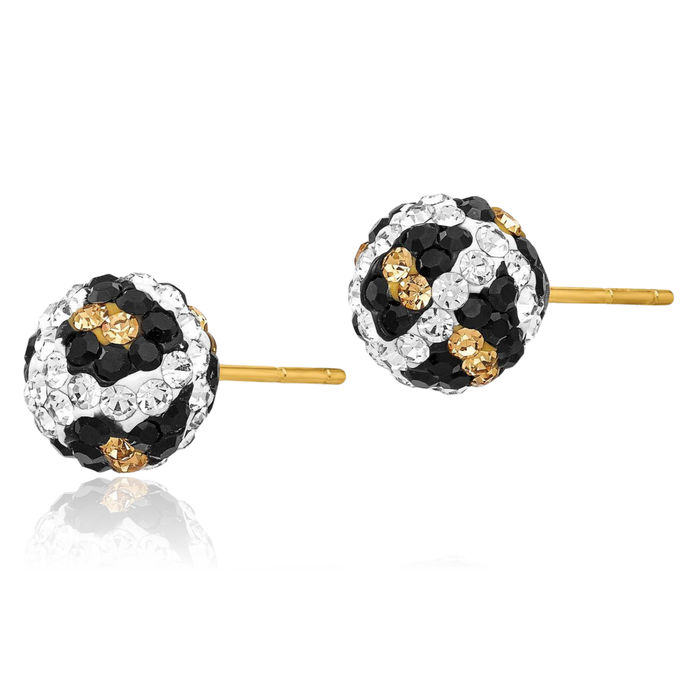 14K Solid Yellow Gold 8mm Post Leopard White Black Rhinestone Crystals Stud Earrings