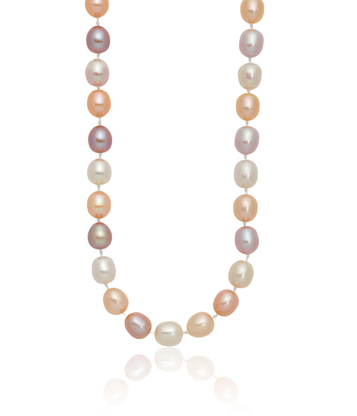 14K Solid Yellow Gold 8mm Pink Purple White Multi-color Rice Freshwater Cultured Pearl Necklace Chain