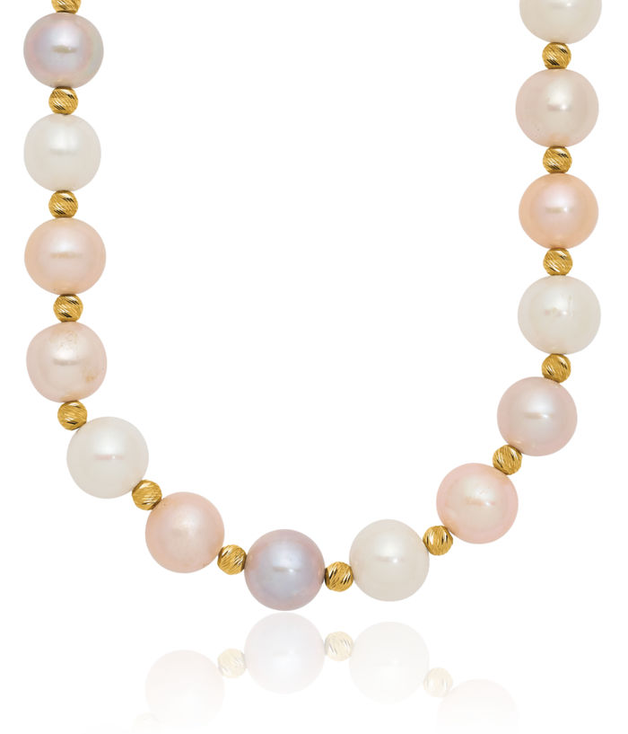 14K Solid Yellow Gold 8mm Pink Purple White Round Freshwater Cultured Pearl Beaded Necklace Chain