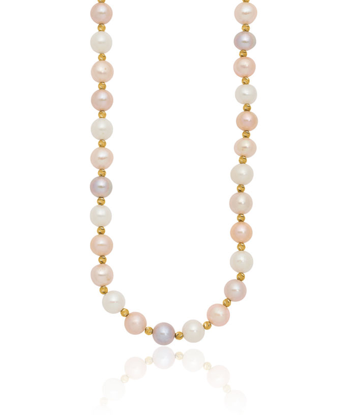 14K Solid Yellow Gold 8mm Pink Purple White Round Freshwater Cultured Pearl Beaded Necklace Chain