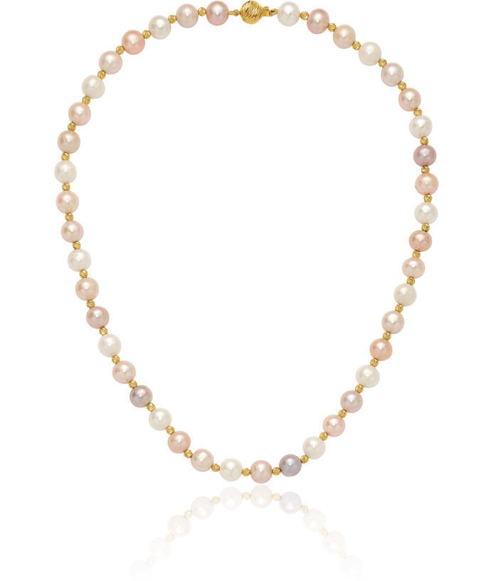 14K Solid Yellow Gold 8mm Pink Purple White Round Freshwater Cultured Pearl Beaded Necklace Chain