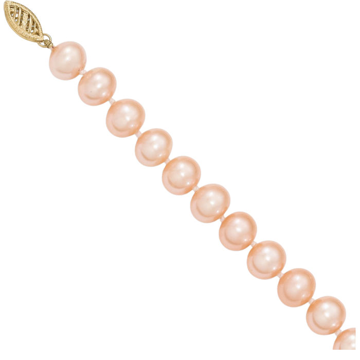 14K Solid Yellow Gold 8mm Pink Near Round Freshwater Cultured Pearl Necklace Chain