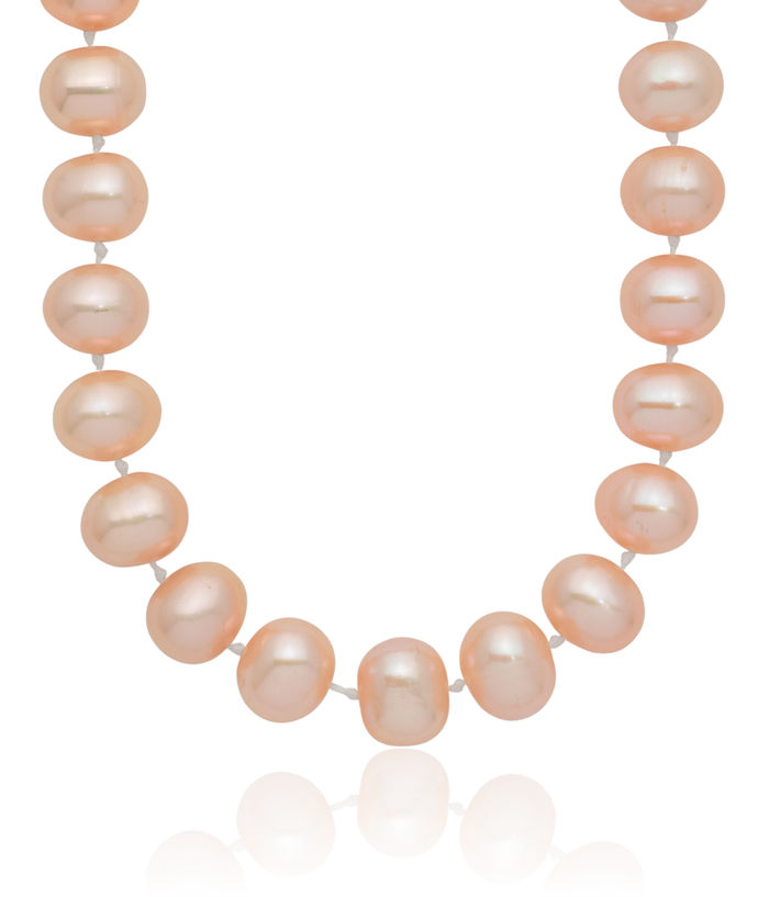 14K Solid Yellow Gold 8mm Pink Near Round Freshwater Cultured Pearl Necklace Chain