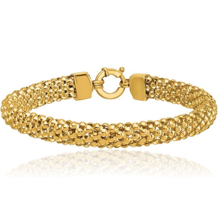 14K Solid Yellow Gold 8mm Popcorn Mesh Chain Bracelet