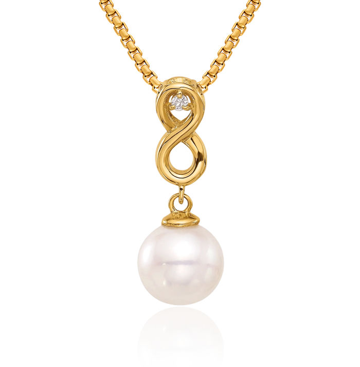 14K Solid Yellow Gold 8mm Round White Freshwater Cultured Pearl Diamond Infinity Twisted Love Knot Symbol Floating Chain Slide Pendant Necklace Charm