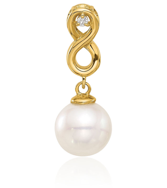 14K Solid Yellow Gold 8mm Round White Freshwater Cultured Pearl Diamond Infinity Twisted Love Knot Symbol Floating Chain Slide Pendant Necklace Charm