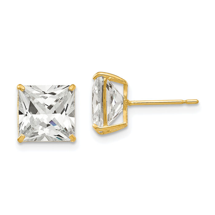 14K Solid Yellow Gold 8mm Square Cubic Zirconia CZ Stud Earrings