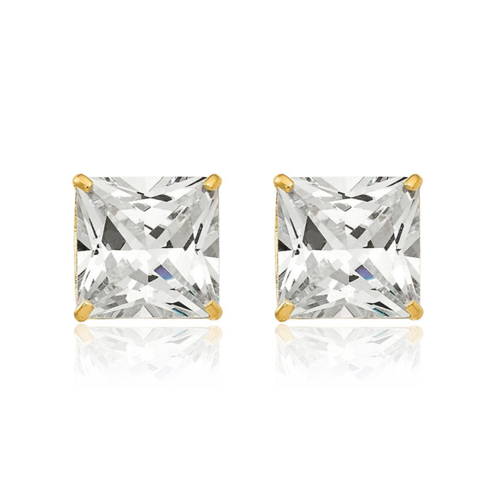 14K Solid Yellow Gold 8mm Square Cubic Zirconia CZ Stud Earrings