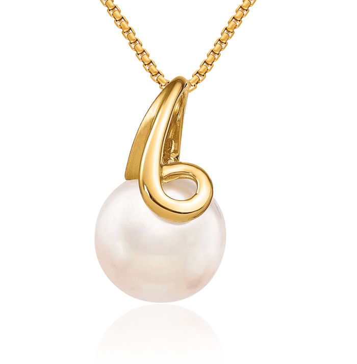 14K Solid Yellow Gold 8mm White Button Freshwater Cultured Pearl Necklace Chain Pendant Charm Slide