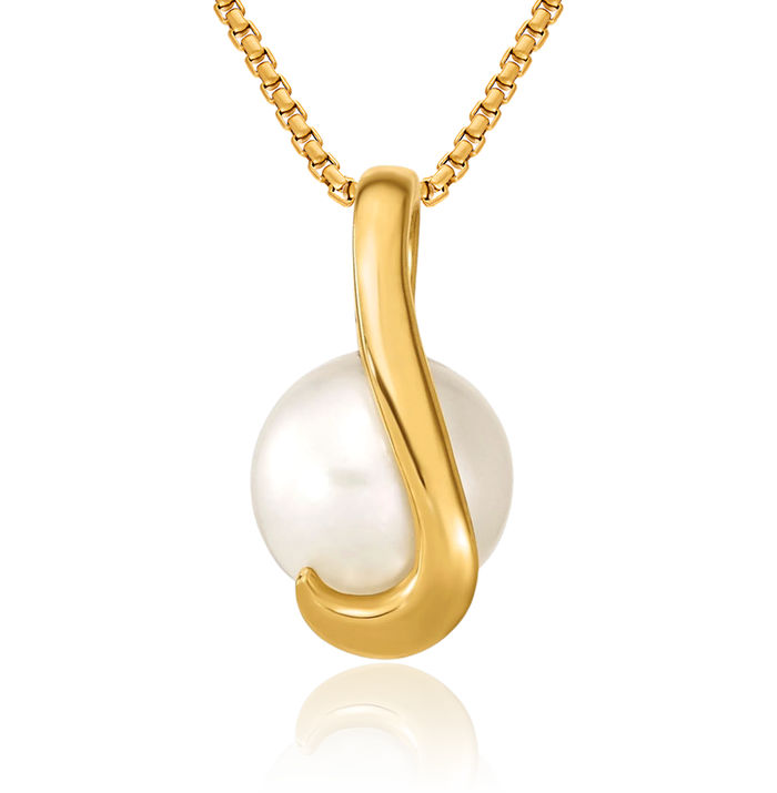 14K Solid Yellow Gold 8mm White Button Freshwater Cultured Pearl Necklace Chain Pendant Charm Slide