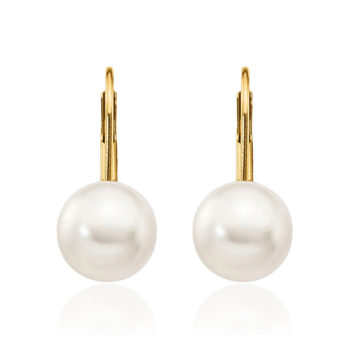 14K Solid Yellow Gold 8mm White Round Akoya Saltwater Cultured Pearl Drop Dangle Earrings Gemstone