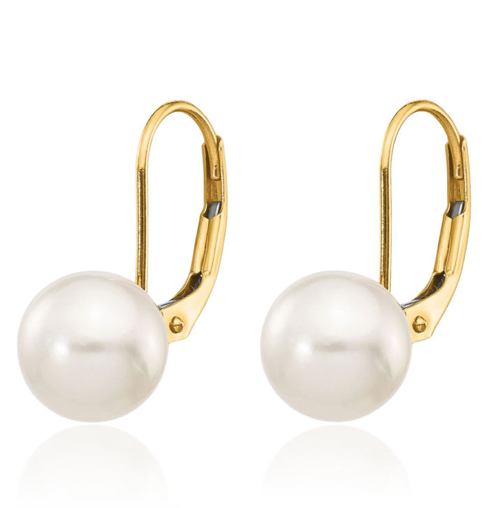 14K Solid Yellow Gold 8mm White Round Akoya Saltwater Cultured Pearl Drop Dangle Earrings Gemstone