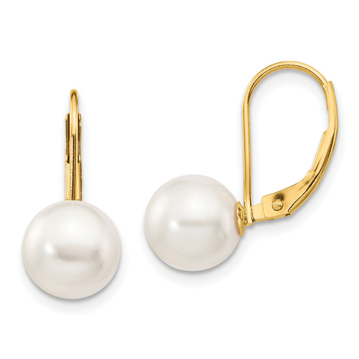 14K Solid Yellow Gold 8mm White Round Akoya Saltwater Cultured Pearl Drop Dangle Earrings Gemstone