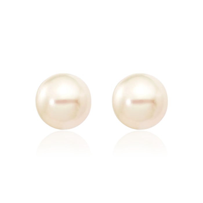 14K Solid Yellow Gold 8mm White Round Akoya Saltwater Cultured Pearl Stud Earrings