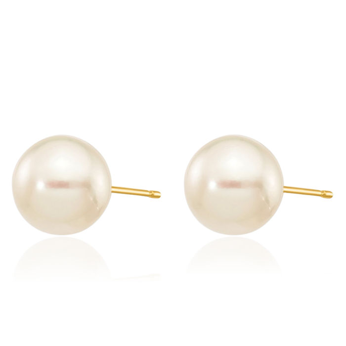 14K Solid Yellow Gold 8mm White Round Akoya Saltwater Cultured Pearl Stud Earrings